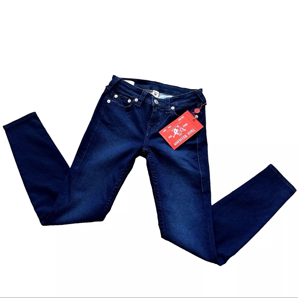NWT True Religion Halle Skinny Blue Jeans Size 27 Stretch Dark Wash Embroidered